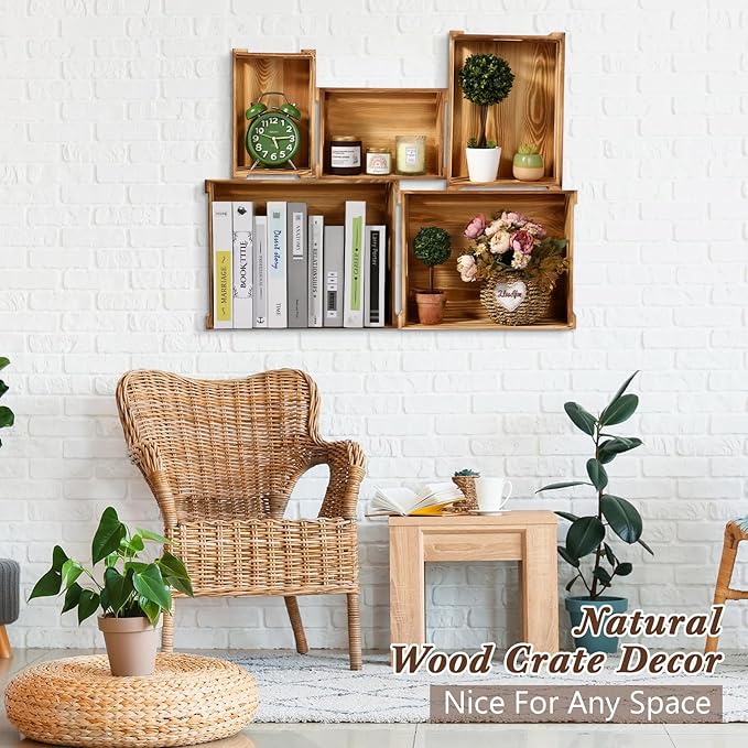 5 Pack Decorative Wood Crates for Display 5 Sizes Rustic Nesting Wooden Crates Vintage Storage Container Boxes with Handles Handmade Decorative Baskets Bin for Farmhouse (Classic Color)
