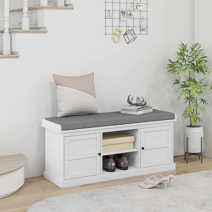 HOMCOM Shoe Bench with Cushion, Storage Bench for Entryway with Padded Seat, 2 Cabinets and Adjustable Shelf for Hallway, Living Room, Bedroom, White