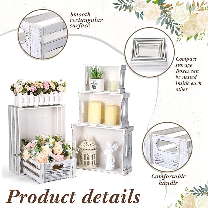 5 Pack Decorative Wood Crates for Display 5 Sizes Rustic Nesting Wooden Crates Vintage Storage Container Boxes with Handles Handmade Decorative Baskets Bin for Farmhouse(Vintage White)