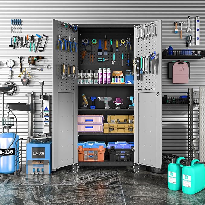 Metal Garage Storage Cabinet on Wheels, Lockable Rolling Tool Cabinet with Doors and Adjustable Shelves, Heavy Duty Mobile Tool Cabinets for Garage Warehouse Workshop