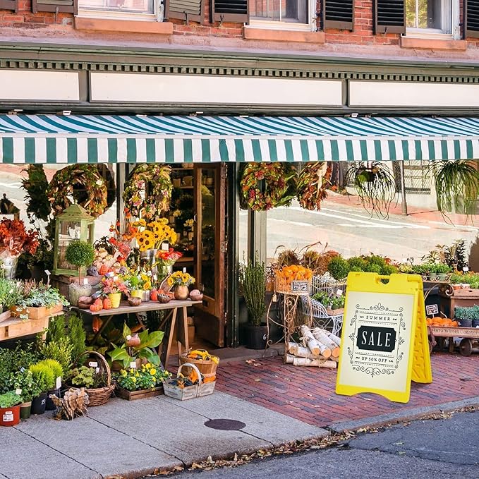 Jumbl A-Frame Signboard 22” x 28” Display Surface – Large Outdoor Sandwich Board w/Weather Resistant PVC Sign Protector & Sand Fill Holes – Dual Signage Stand for Storefront Sidewalk Curb (Yellow)