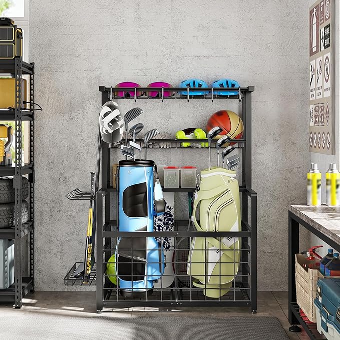 HOOBRO Sports Equipment Garage Organizer, Ball Storage Rack with Basket, Heavy Duty Ball Holder with Hooks, for Outdoor, Garage, Club, Basement, Black BK80JJ01