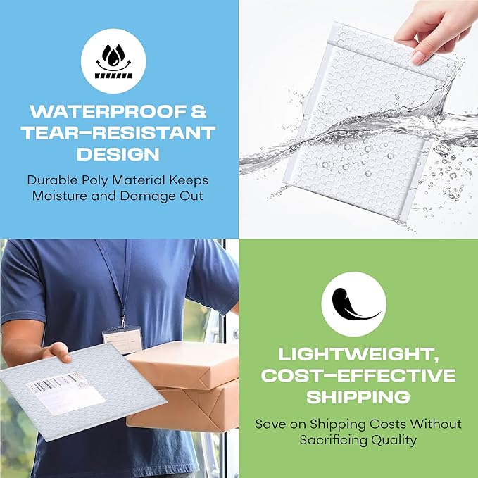 White Poly Bubble Mailers 8.5x14.5 inch #3 | Self Seal Padded Envelopes | Cushioned Bubble Mailer | Usable Size 8.5x13.5 | WaterProof | Lightweight mailing Shipping Bags | 100 Pack Bulk | Made in USA