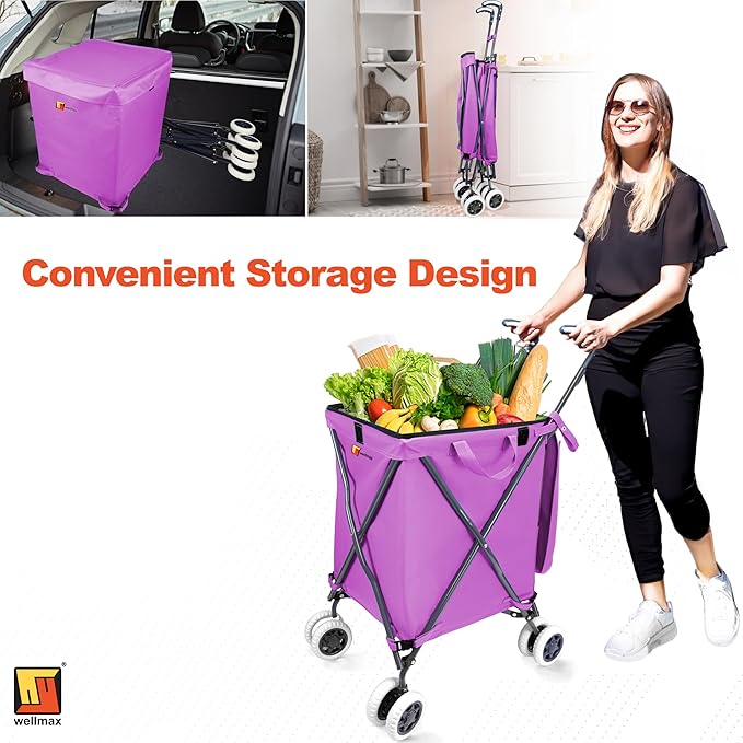 Wellmax WM99100 Series Folding Shopping Cart with Wheels, Grocery Cart with Removable Canvas with Cover, Lightweight Utility Cart for Groceries and Laundry - Holds up to 120 lbs (Purple)