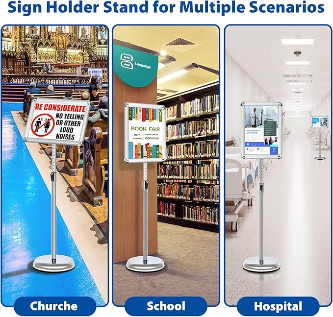8.5x11 Adjustable Sign Holder Stand, Pedestal Poster Menu Stand, Heavy Duty Floor Standing Sign Stand Aluminum Display Stand for Vertical and Horizontal View Sign Holder, Black