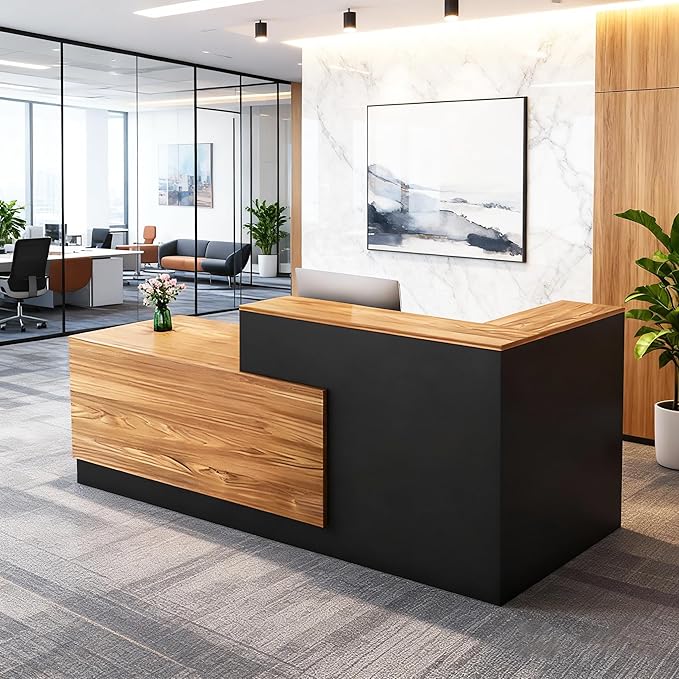 L-Shaped Reception Desk with Counter and Lockable Drawers and Storage Tall Modern Front Desk Reception Counter for Checkout Lobby Beauty Salon A Left 63inch/160cm