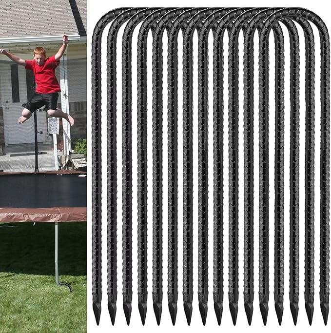 Rebar U Stakes 12 Inch - 12 Pack Black Galvanized Steel Heavy Duty Ground Anchors for Trampoline,Tent,Tarp,Soccer Goal,Garden Stake & Yard Art