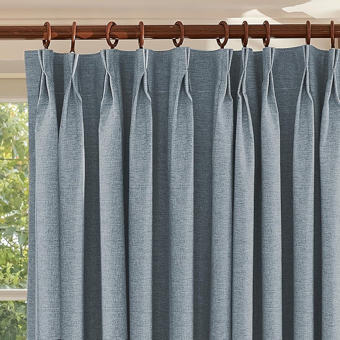Textured Linen Double Pleats 100% Blackout Curtains for Bedroom/Living Room Blackout Curtains 108 Inches Long, Energy Saving Window Treatment Curtains,100Wx108Lx2,Grey Blue