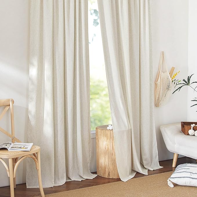 NICETOWN Natural Thick Linen Curtains 108 inches Long for Bedroom, Pinch Pleated/Rod Pocket/Back Tab Privacy Added Window Treatments with Light Filtering for Living Room, W52 x L108, 2 Panels