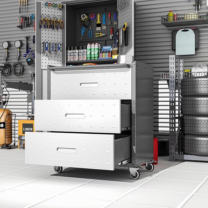 Metal Garage Storage Cabinet with Wheels, Lockable Rolling Tool Cabinet with 3 Drawers, Heavy Duty Mobile Steel Cabinet for Garage Warehouse Workshop