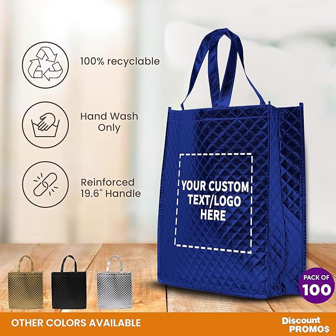 DISCOUNT PROMOS Custom Luxurious Laminated Tote Bags Set of 100, Personalized Bulk Pack - Reusable, Great for Shopping, Beach, Wedding Favors - Royal Blue