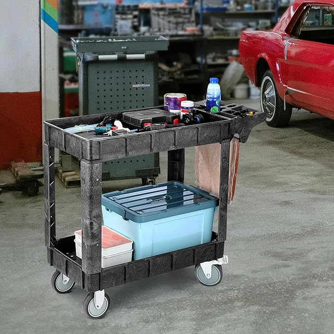 Heavy Duty Utility Service Cart 2 Shelves 550 Pounds Capacity Rolling Workshop Cart with Wheels Parts Cart for Maintenance Professional Worker Garden Garage (2 Tier, 40.5"D x 17.3"W x 34"H)