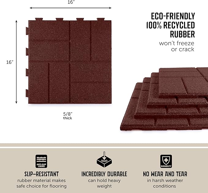 Playsafer Brick Rubber Interlocking Tiles | 16 X 16 | Easy Install for Indoor and Outdoor Use (Red, 10 Tiles)