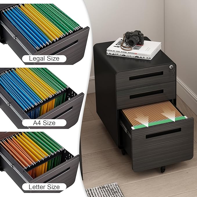 3 Drawer Mobile File Cabinet with Lock, Under Desk Metal Filing Cabinet for Home Office, Assembled Removable Under Desk Storage with Wheels for A4-Size/Letter-Size/Legal-Size (Light Gray)