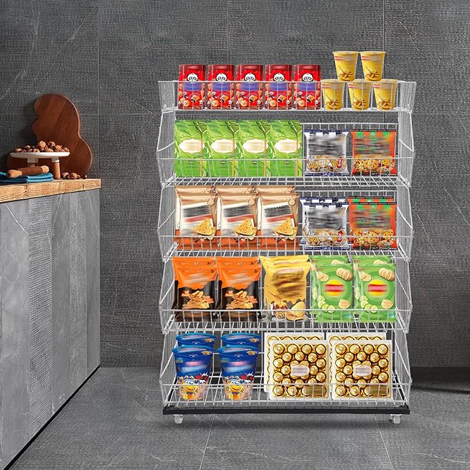 5 Tier Retail Display Rack, Rolling Storage Rack 5 Layers 35.43*16.93*53.54in Metal Display Shelf Fruit Vegetable Snack Basket Storage Supplies for Home Store Market (White, 90*43*136cm)