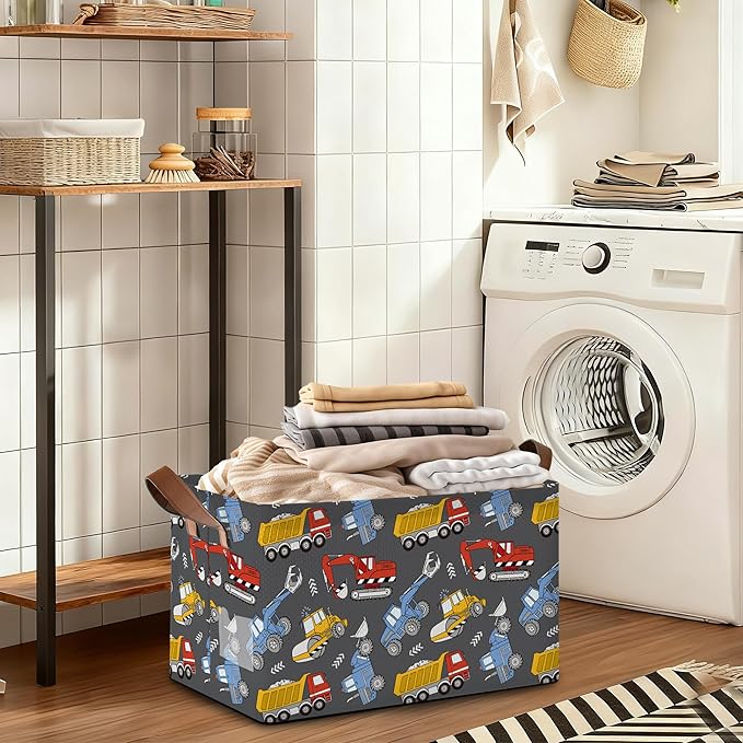 Excavator Car Storage Bins with Handles, Collapsible Storage for Clothes, Gift Basket, Blankets & Closet Organization