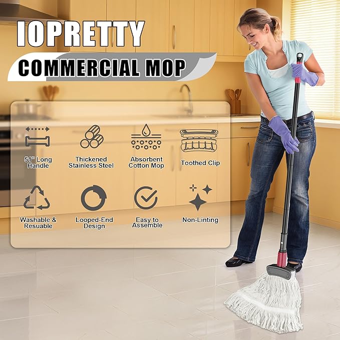 Industrial Commercial Mops for Floor Cleaning - Looped-End Heavy Duty Wet Mop with Long Handle for Hardwood Wood Tile Vinyl - Reusable Cotton Head for Home Garage Kichen Bathroom