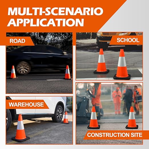 8 Pack 18 Inch Orange PVC Traffic Cones Black Base Stable Durable, Parking Lot Driveway School Training Safety Cones Multi-Purpose (8, Orange, 18 Inch)