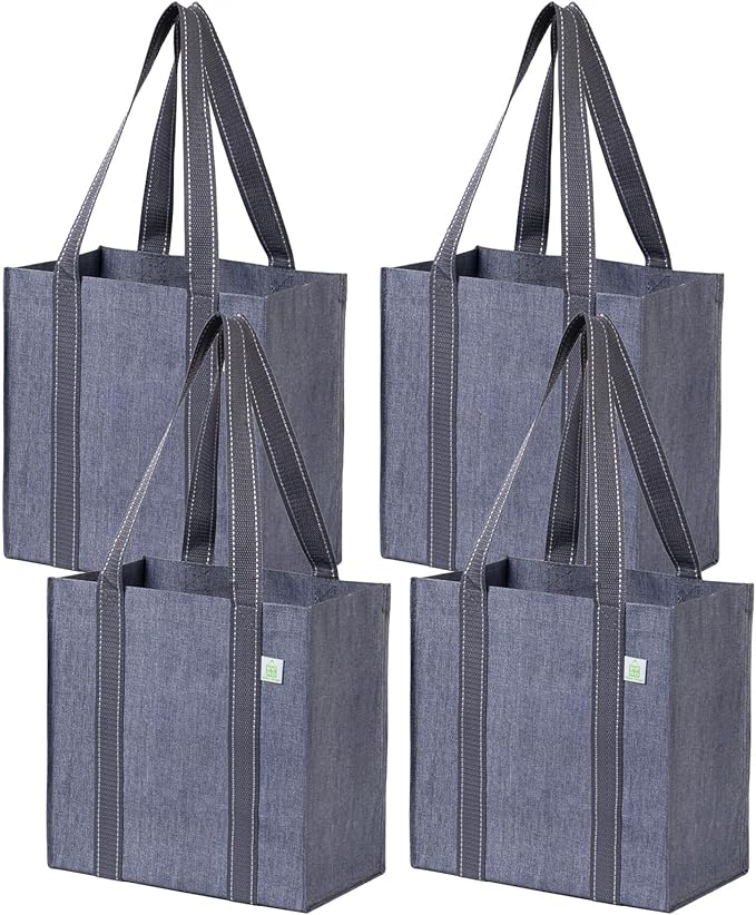 VENO 2-4 Pack Reusable Grocery shopping Bags, Small Tote Bag w/Handle Hard Bottom, Heavy Duty, Foldable Carrier