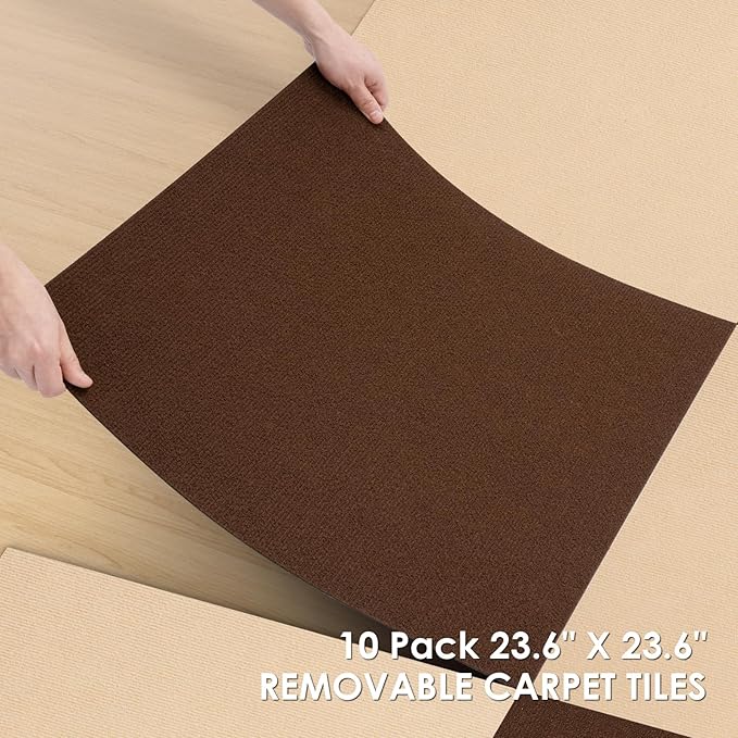 Carpet Tile 10 Pack 24” X 24” Self Adhesive Carpet Floor Tiles Anti-Slip Squares Peel and Stick Floor Tilel DIY Installation for Bedroom(Brown)