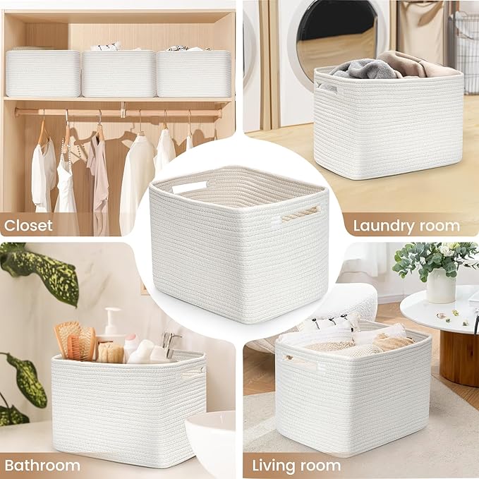 Shelf Woven Storage Basket, 15 x 10 x 9” Closet Rope Baskets For Organizing, Square Bins with Handles, White 1 Pack