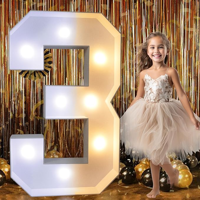 Pooqla 3FT Light Up Marquee Numbers, LED Large Lighted Marquee Numbers for Party Decoration, Giant Mosaic Number for Balloon 3rd 13th 30th Birthday Decoration, LED Light Up 3