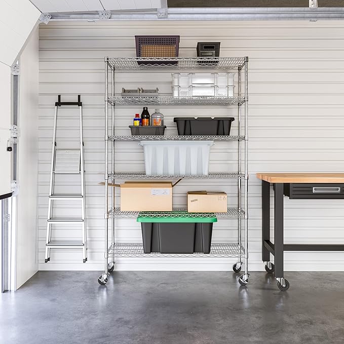 Seville Classics UltraDurable Heavy Duty NSF Solid Steel Wire Rack Storage Unit Wheels, 6-Tier Shelving, 48" W x 18" D