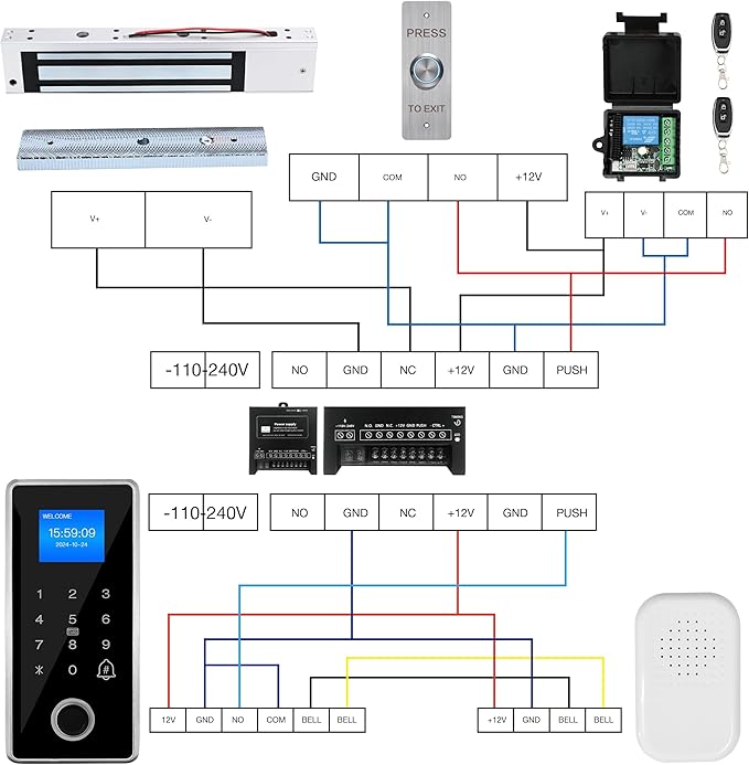 Waterproof Fingerprint Door Access Control System kit, Includes a 1200LB Magnetic Lock,RFID keypad, remotes, exit Button, Entry keypad, and a 110V AC to 12V DC Power Supply (Fingerprint-1200LB Kits)
