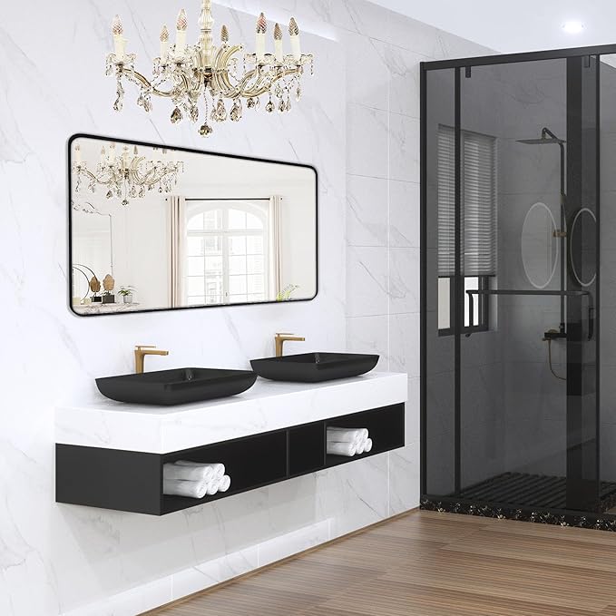 Wall Mount Mirror for Bathroom, Brushed Black Metal Framed Large Rounded Corner Rectangular Vanity Mirror, Anti-Rust, Tempered Glass (30" x 48", Black)