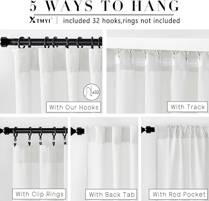 Sheer White Curtains 120 Inches Long for Living Room 2 Panels Set Hang with Clip Rings Back Tab Semi Transparentes Light Filtering Linen Cotton Blend XL Drapes Curtains Rod Pocket,50x120 in Length
