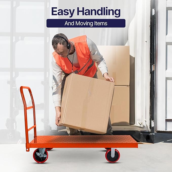 Platform Cart Industrial Dolly Cart Heavy Duty 60” x 30” Platform Hand Truck Push Cart Super Heavy Duty Diamond Plate Commercial Flatbed Cart with 3000Lb Capacity 8'' Moving Swivel Wheels (Orange)