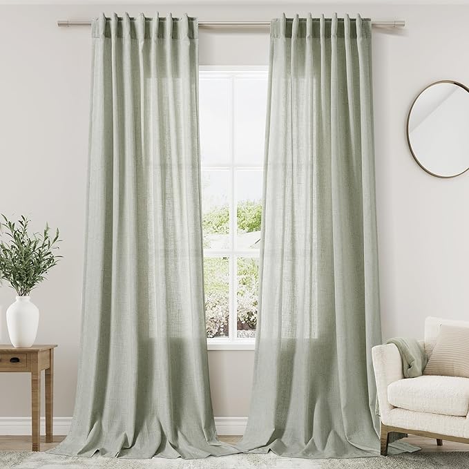 Long Sage Green Curtain 2 Panels 105 inches Long for Living Room Back Tab Rod Pocket Light Filtering Semi Sheer Drapes Cotton Linen Textured Pale Green Window Curtain 105 inch Length