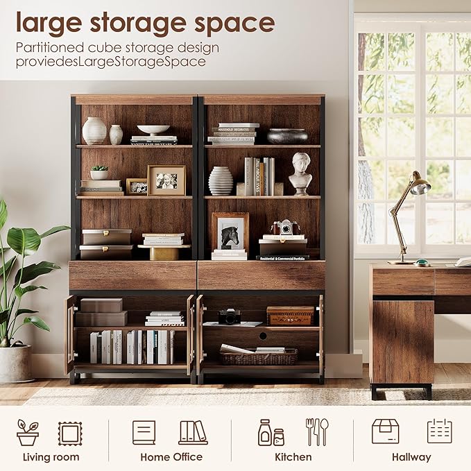 WAMPAT 3 PCS Modern 72" Tall Bookcase with 3 Drawers and Open Book Shelf, Library Book Shelf with Storage Cabinet and Glass Doors, Wood Freestanding Bookshelves for Home Office, Living Room, Brown