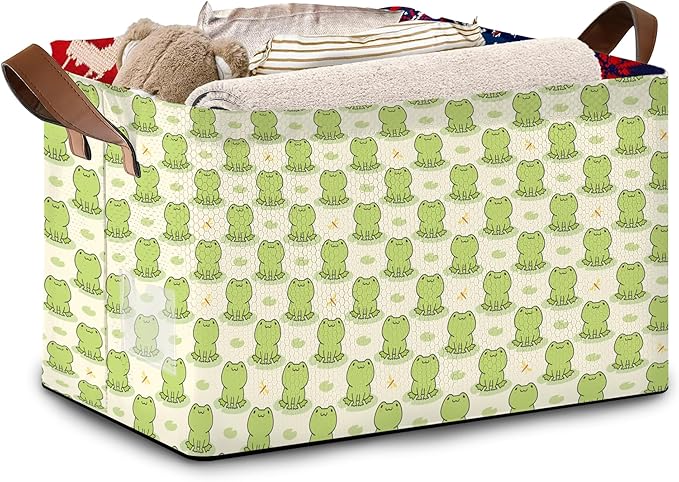 Cute Frog Storage Basket Large 17x11.5x10.5 Inches - Collapsible Fabric Organizer Bin with Handles for Nursery,Kids Room,Toys - Foldable Decorative Hamper with Cartoon Frog Design - Single Pack