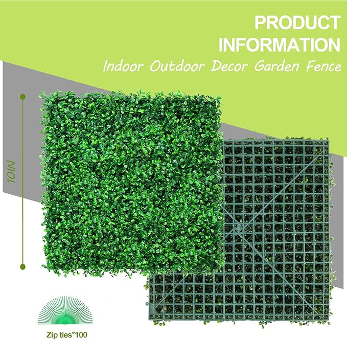 AOKIE 10"X10" Artificial Grass Wall, 24Pcs Boxwood Hedge Wall Panels UV-Anti Grass Backdrop Wall Decor, Greenery Privacy Hedge Screen for Indoor Outdoor Patio Balcony, Party Garden Fence Decor