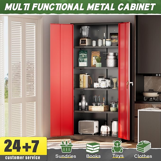 Greenvelly Metal Storage Cabinet, 72" Steel Garage Cabinet with Doors and Adjustable Shelves, Tall Metal Office Storage cabinets for Garage,Home Office,School (Black Red)