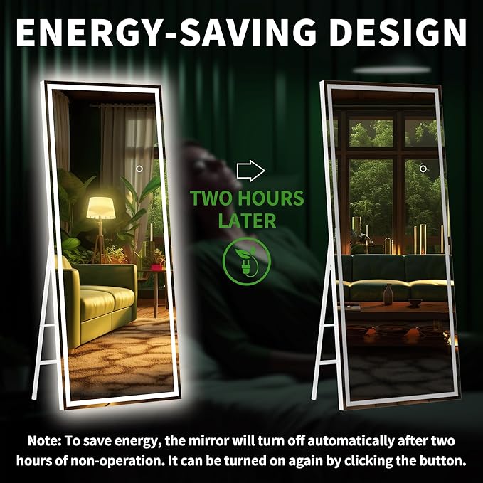 Hasipu Full Length Mirror with Lights, 58" x 18" LED Lighted Floor Standing, Full Body Dressing Hanging Mounted Mirror, Dimmable, Tempered Glass, Safe to Use, Square White