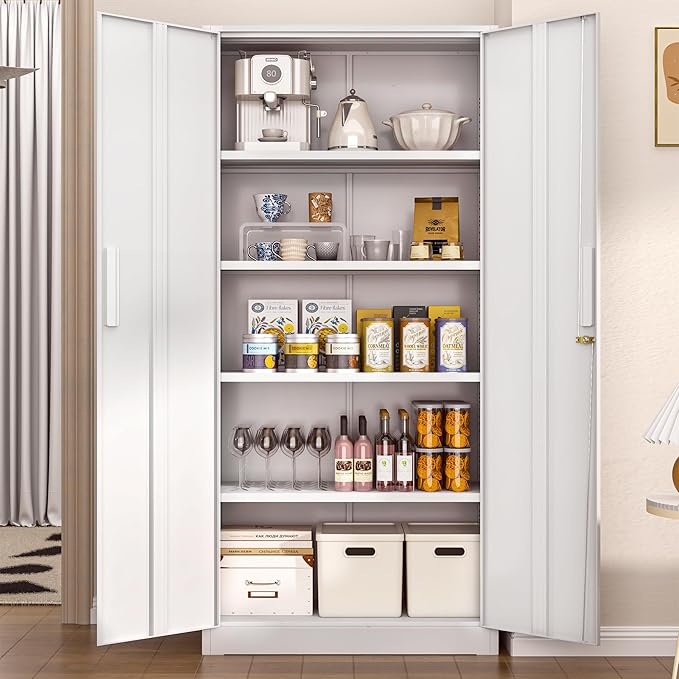 Superday Metal Garage Storage Cabinet with Lock, 71" H Lockable Storage Cabinets with Doors and 4 Adjustable Shelves, Locking Cabinet for Office, Home, Garage, Gym, School (White)