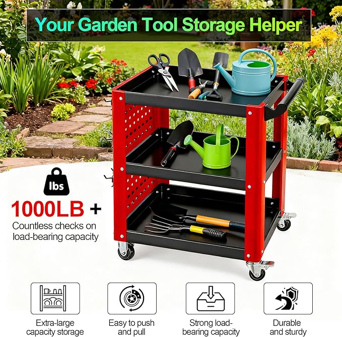 Heavy Duty 3 Tier Rolling Tool Cart, Mechanic Storage Organizer with Pegboard & Hooks, Lockable Wheels Utility Cart for Garage, Auto Repair Shop, Workshop, Warehouse（Red & Black）