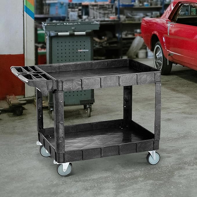 Larger 2 Tier Heavy Duty Utility Service Cart, 550 Capacity Work Cart on Rolling Utility Service Cart for Garden Garage Maintence Transporting (2 Tier, Large)