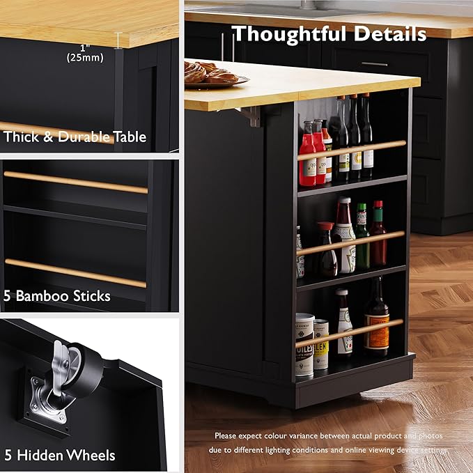 Rolling Kitchen Island with Drop Leaf & Power Outlet, Large Kitchen Islands Cart on Wheels, Movable Kitchen Island with 5 Open Storage Shelves & Towel Rack for Kitchen, Dining Room, 48-Inch, Black