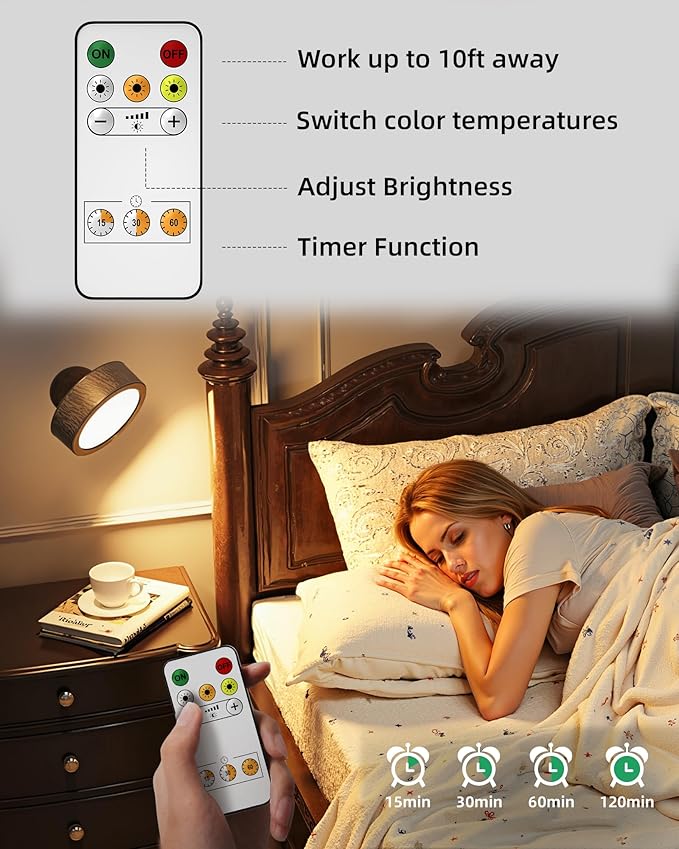 EZVALO LED Wall Mounted Lights, 5500mAh Rechargeable Wall Sconces Lamp, 3 Color Temps & Remote and Touch Control, 360°Rotation Dimmable Cordless Wall Light for Bedroom Reading Study (2 Pack Walnut)