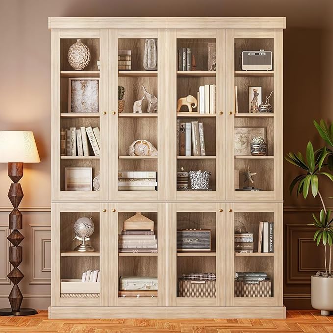 Vyre 70.8" Tall Brown Bookshelf with Glass Doors, Farmhouse Modular Bookcase with 6-Tier Adjustable Shelves, Large Storage Cabinet for Home Office, Living Room, Set of 2