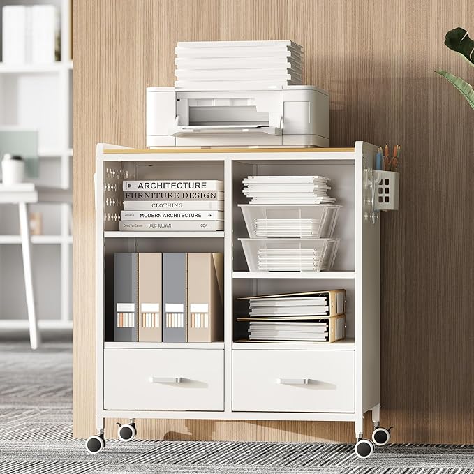 TOOLF 2-Drawer Mobile File Cabinet with Wheels, MDF Wooden Panel Printer Stand with Adjustable Shelves, 2 Storage Bins & 4 Hooks, Home Office Organization, White