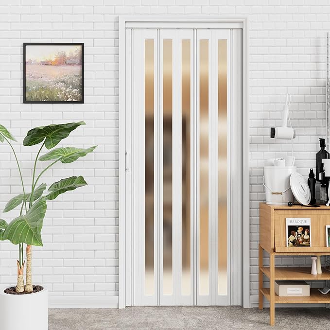 24"-36" x 80 Accordion Doors Interior Folding Door, PVC Accordion Door with 1 Frosted Acrylic Glass with Upgraded Roller & Handle & Complete Hardware, for Closet Bathroom Doorways, White