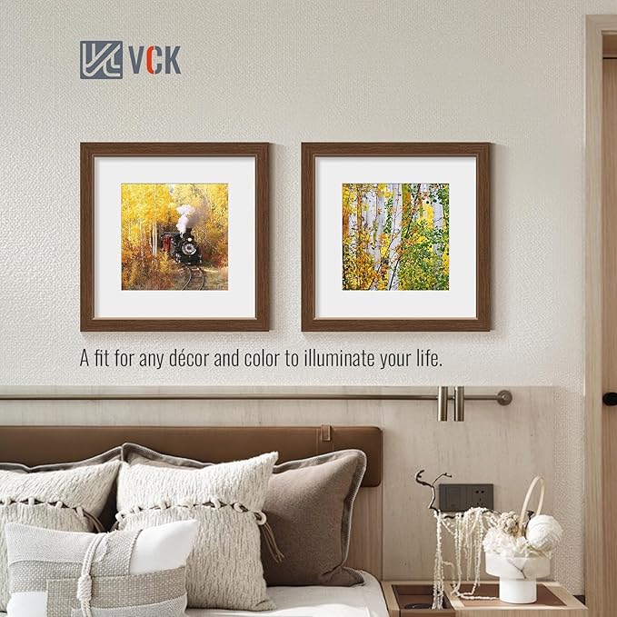 VCK 12x12 Picture Frame 5 Pack - Brown, High-End Wood Poster Frames with Tempered Glass, Display 8x8 Photo with Mat or 12x12 without Mat, Art Gallery-Quality, Wall Hanging, Brown