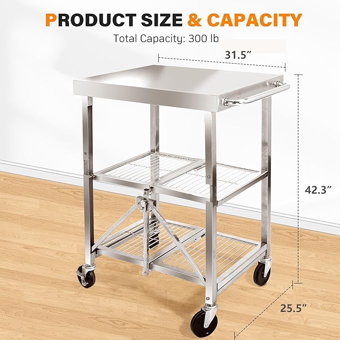 3 Tired Folding Grill Cart, Metal Pizza Oven Stand Table with 2 Total Lock Casters, Stainless Steel Outdoor Rolling Cart with Wheels for Home Party, Bar, Camping