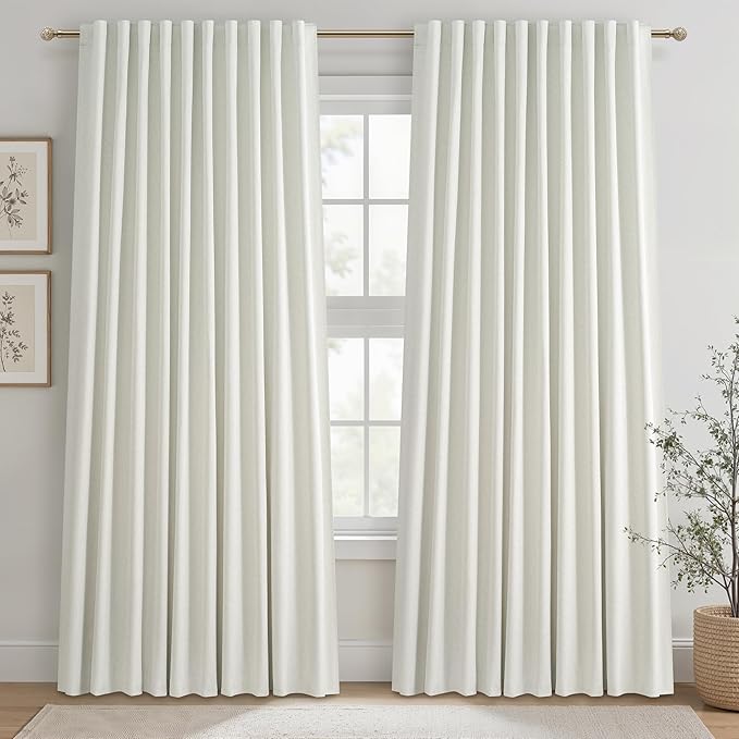 Cute Blackout Curtains 60 Inches Extra Wide Linen 84 Inch Length for Living Room/Sliding Glass Door,Pleated Heavy Duty Thermal Drapes for Winter Thick Large Window(60"Wx84"L 2 Panels Beige White)