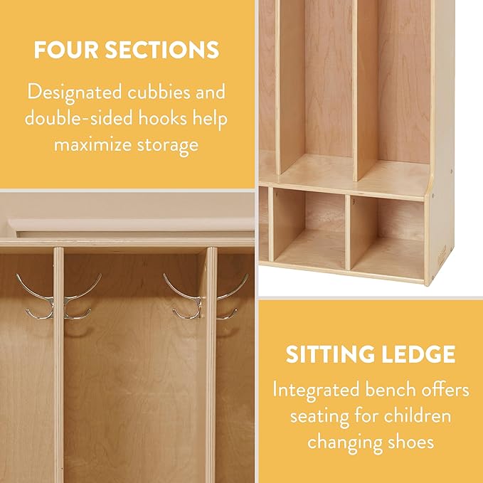 Sleekline 4-Section Toddler-Sized Coat Locker with Bench, Kids Furniture, Natural