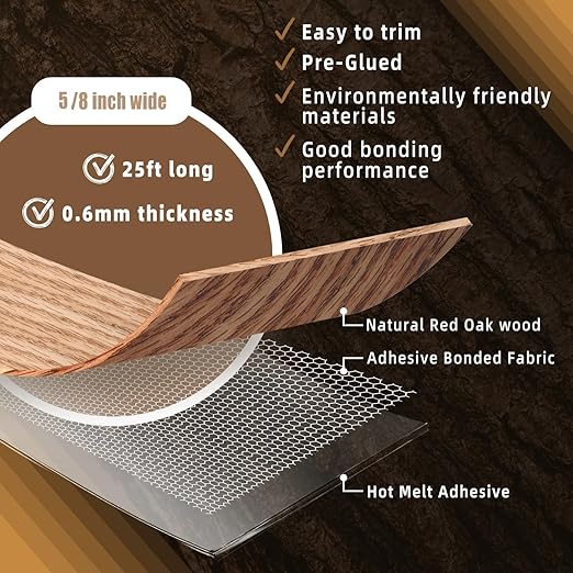 GSCIT Club Red Oak Edge Banding, 5/8 inch x 25ft roll of Veneer Edge Banding - Pre-glued Flexible, Real Wood Tape for Cabinet Repair & Furniture Restoration